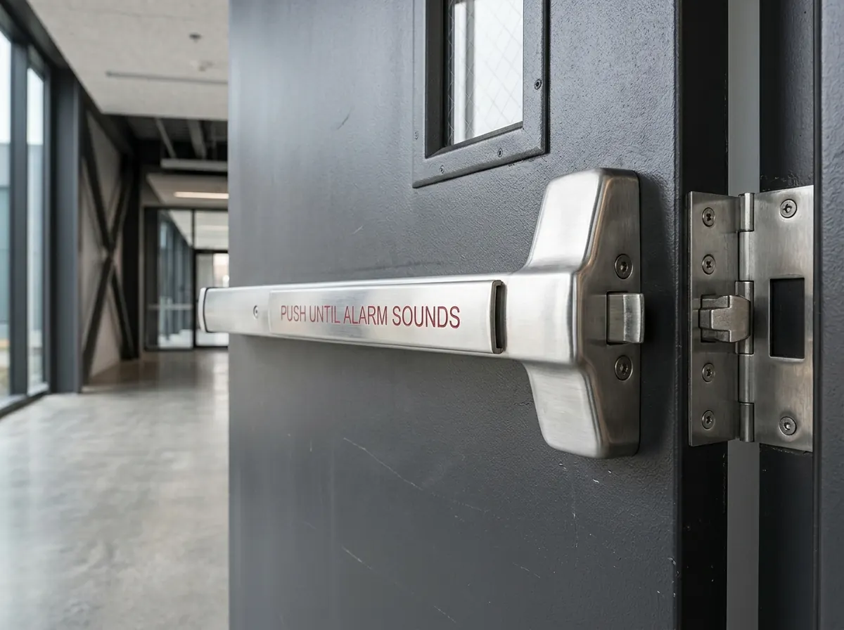 Stainless steel rim panic exit device and latch on a gray steel door